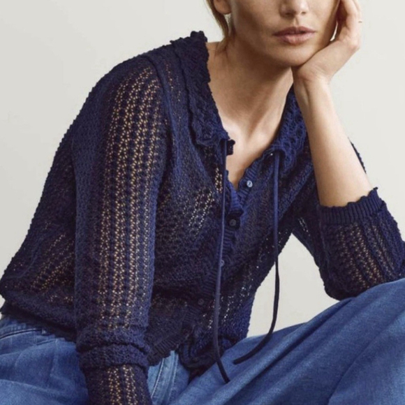 Doen Sweaters - GAP x Doen Linen-Blend Cardigan in Navy Blue Open Knit Sweater Size Medium